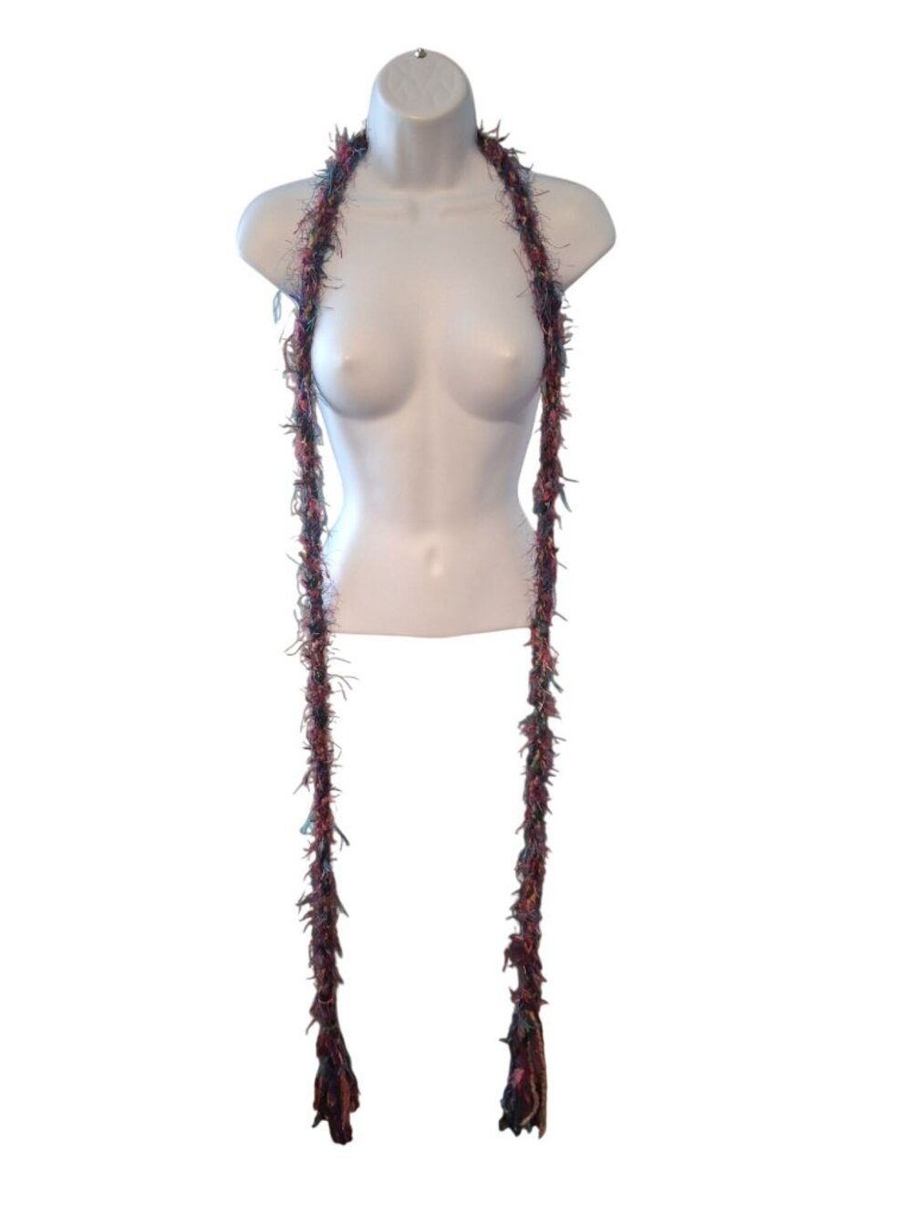 Boho Fiber Art Scarf Necklace Multicolor Yarn Lariat Fringe Lagenlook Artisan